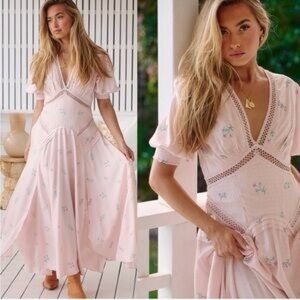 Free people Elegant Pink Floral V-Neck Maxi Dress